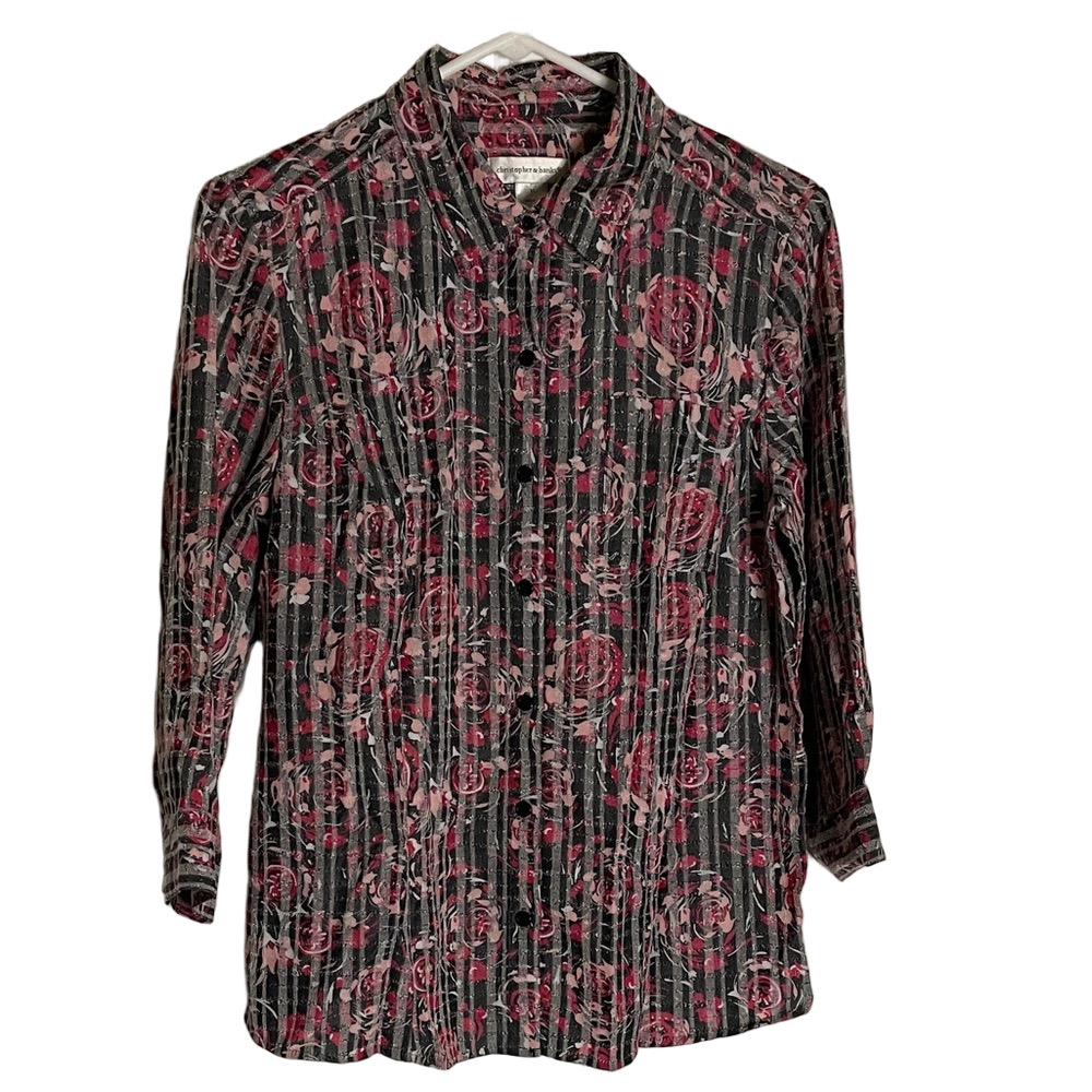 CHRISTOPHER & BANKS Floral Button Front Blouse, Women’s M, Pink Black Gray